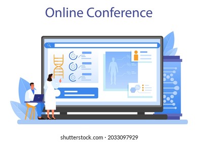 Geneticist online service or platform. Medicine and science technology. Scientist work with DNA molecule structure. Online conference. Flat vector illustration