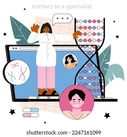 Geneticist online service or platform. Medicine and science technology. Scientist work with DNA molecule structure. Online contacts. Flat vector illustration