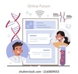 Geneticist online service or platform. Scientist work with DNA structure. CRISPR gene editing, engineer and decoding technology. Online forum. Vector illustration