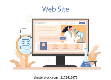 Geneticist online service or platform. Scientist work with DNA. Genetic test analysis and genetic disease prevention. Website. Flat vector illustration