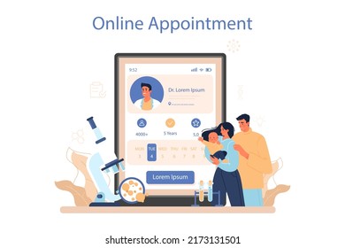 Geneticist Online Service Or Platform. Scientist Work With DNA. Genetic Test Analysis And Genetic Disease Prevention. Online Appointment. Flat Vector Illustration