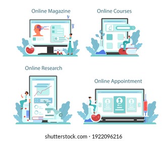 Geneticist Online Service Or Platform Set. Medicine And Science Technology. Scientist Work With Molecule Structure. Online Magazine, Appointment, Course, Research. Vector Flat Illustration