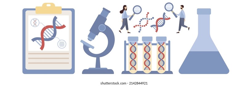 Geneticist Set. DNA Test Tubes, Microscope Icon. Laboratory Research Equipment. Medicine And Science Technology. Biotechnology, Genetic Testing, Gene Therapy, Biotech Company. Vector Flat Illustration