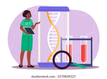 Geneticist studies dna. Woman in medical uniform with magnifying glass near molecule. Healthcare and medicine. Chemistry and biology. Experiments in laboratory. Flat vector illustration