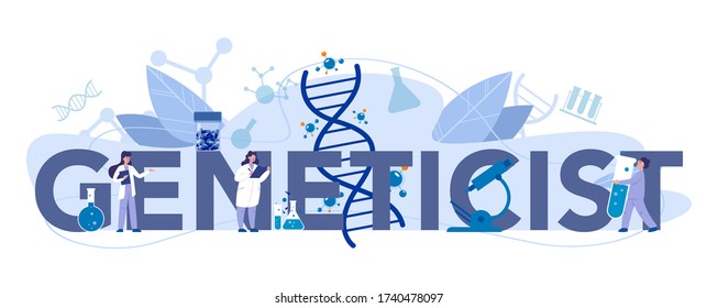 Geneticist typographic header concept. Medicine and science technology. Scientist work with molecule structure. Invention and innovation. Vector illustration in cartoon style