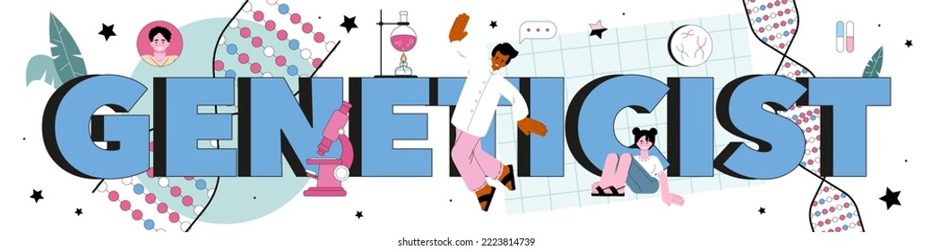 Geneticist typographic header. Medicine and science technology. Scientist work with DNA molecule structure. Genetic test or screening for disease prevention. Flat vector illustration