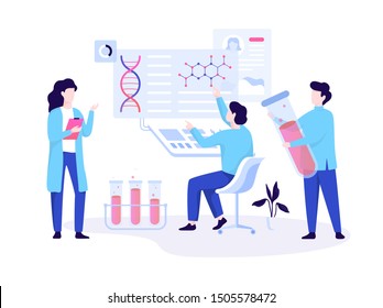 Geneticist web banner concept. Medicine and science technology. Scientist work with molecule structure. Vector illustration in cartoon style