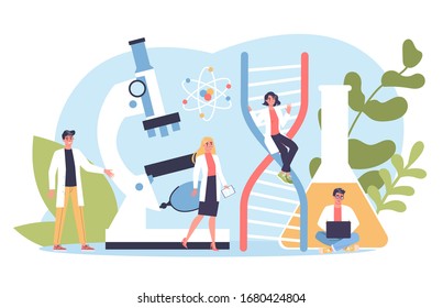 Concepto de banner web genetista. Medicina y tecnología científica. Los científicos trabajan con estructura molécula. Ilustración vectorial en estilo de caricatura