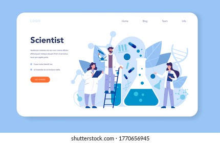 Geneticist web banner or landing page. Medicine and science technology. Scientist work with molecule structure. Invention and innovation. Vector illustration in cartoon style