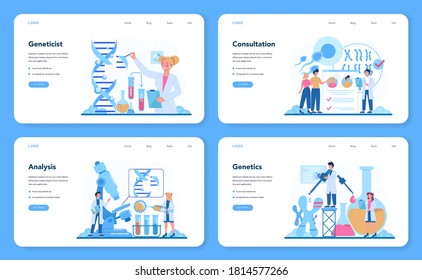 Geneticist web banner or landing page set. Medicine and science technology. Scientist work with molecule structure. Analysis and innovation. Vector illustration in cartoon style