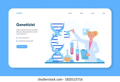 Genetikistische Web-Banner oder Landing-Seite. Medizin und Wissenschaftstechnologie. Wissenschaftler arbeiten mit der Molekülstruktur zusammen. Analyse und Innovation. Vektorgrafik im Cartographie-Stil