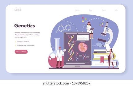 Geneticist web banner or landing page. Medicine and science technology. Scientist work with molecule structure. Genetic experiment and modification. Vector illustration in cartoon style