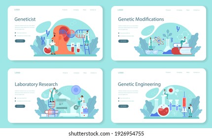 Geneticist web banner or landing page set. Medicine and science technology. Scientist work with molecule structure. Analysis and innovation. Vector illustration in cartoon style