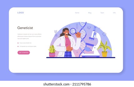 Geneticist web banner or landing page. Medicine and science technology. Scientist work with DNA molecule structure. Genetic test analysis and genetic disease prevention. Flat vector illustration