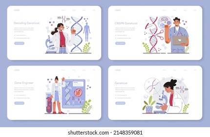 Geneticist web banner or landing page set. Scientist work with DNA molecule structure. CRISPR gene editing. Gene engineer and decoding technology. Flat vector illustration