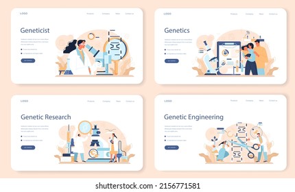 Geneticist web banner or landing page set. Medicine and science technology. Scientist work with DNA molecule structure. Genetic test analysis and genetic disease prevention. Flat vector illustration