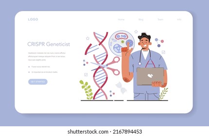 Geneticist web banner or landing page. Scientist work with DNA molecule structure. CRISPR gene editing. Gene engineer and decoding technology. Flat vector illustration