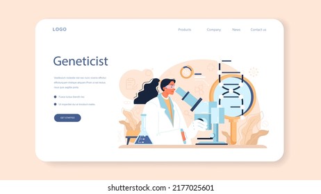 Geneticist web banner or landing page. Medicine and science technology. Scientist work with DNA molecule structure. Genetic test analysis and genetic disease prevention. Flat vector illustration