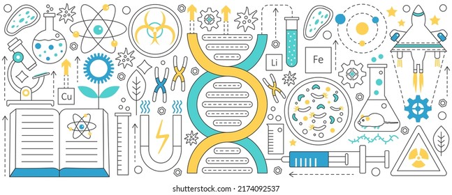 Genetics and bioengineering, thin line scientific laboratory equipment and structures vector illustration. Abstract science analysis, DNA data research, biotechnology and microbiology background