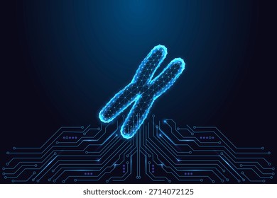 Genética, biotecnología y ciencia digital. Cromosoma brillante sobre placa de circuito azul, que simboliza la investigación del ADN, la genómica, los datos y la innovación. Estilo de polígono de neón futurista, Ilustración vectorial.