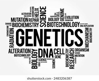 Genetics is a branch of biology concerned with the study of genes, genetic variation, and heredity in organisms, word cloud concept background. No AI generated content