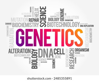 Genetics is a branch of biology concerned with the study of genes, genetic variation, and heredity in organisms, word cloud concept background. No AI generated content