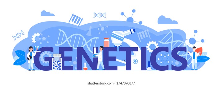 Genetics concept vector for header website. Innovation, scientific research and online studying. Chemistry, medicine researcher are working. Scientists study microorganisms in microscope.