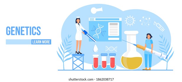 Genetics concept vector. Innovation, scientific research and online studying. Chemistry, medicine researcher are working. Scientists study human DNA, genome.