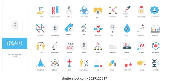 Genetics, DNA laboratory test and GMO engineering, scientific medical research color icon set. Search for mutations and analysis of nucleic acid code, family ancestry flat vector illustration