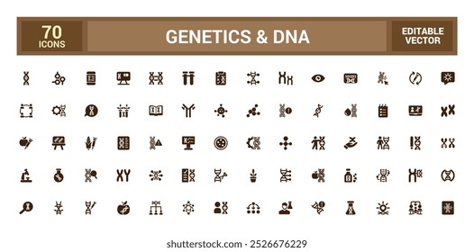 Ícones sólidos de genética e dna definidos. Sinal de DNA, ciência, genética, biologia, cromossomos, OGM e outros, coleção de ícones sólidos, Símbolo editável para web e ui, Pixel perfeito.