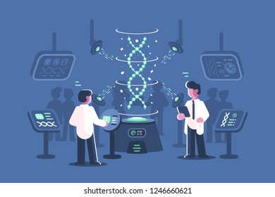 Genetics Doctors Researching Dna In Laboratory Vector Illustration. Two Men In Science Lab With Special Equipments For Research And Experiments Of Deoxyribonucleic Acid Molecules Flat Style