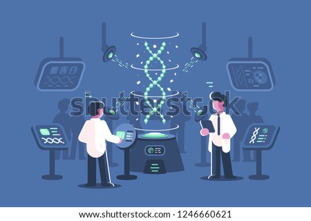 Genetics doctors researching dna in laboratory vector illustration. Two men in science lab with special equipments for research and experiments of deoxyribonucleic acid molecules flat style