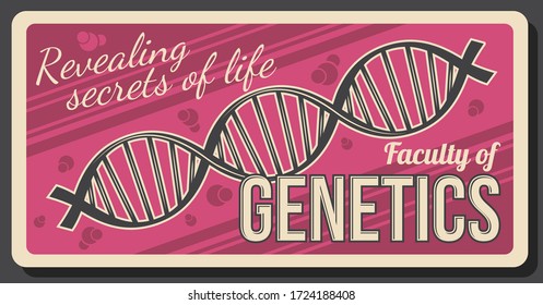 Genetics education university faculty, DNA genome research and biotechnology, vector. Human DNA gene, genetics science, healthcare and biology, scientific medicine education