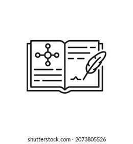 Genetics engineering book, medical journal to write down results of tests and experiments isolated thin line icon. Vector laboratory notes, molecule or atom dna structure genome, scientific magazine