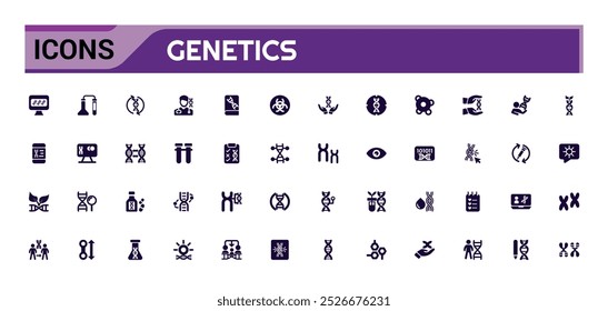 Genética Conjunto de iconos llenos. genoma, genética, biología, cromosomas, herencia, OGM y más. Colección de iconos sólidos, Símbolo editable para Web y interfaz de usuario, Pixel perfecto.