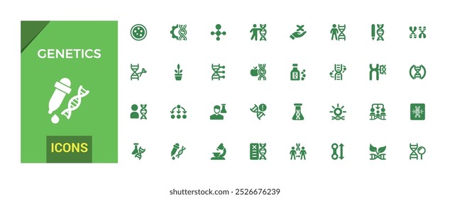 Genética Conjunto de iconos llenos. genoma, genética, biología, cromosomas, herencia, OGM y más. Colección de iconos sólidos, Símbolo editable para Web y interfaz de usuario, Pixel perfecto.