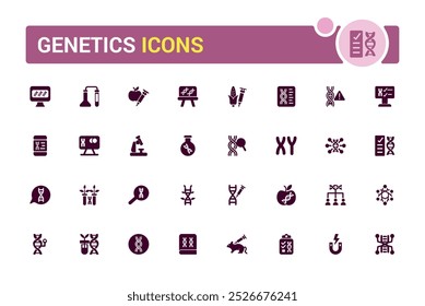 Genética Conjunto de iconos llenos. genoma, genética, biología, cromosomas, herencia, OGM y más. Colección de iconos sólidos, Símbolo editable para Web y interfaz de usuario, Pixel perfecto.