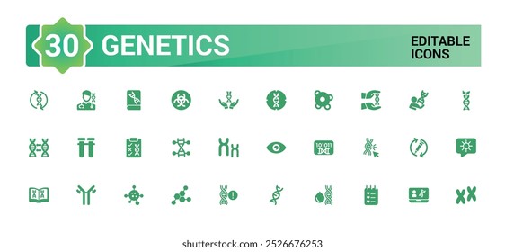 Genética Conjunto de iconos llenos. genoma, genética, biología, cromosomas, herencia, OGM y más. Colección de iconos sólidos, Símbolo editable para Web y interfaz de usuario, Pixel perfecto.