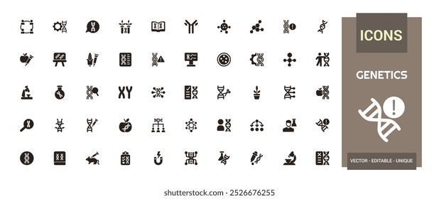 Genética Ícones preenchidos conjunto. genoma, genética, biologia, cromossomos, hereditariedade, OGM e muito mais. Coleção de ícones sólida, Símbolo editável para web e ui, Pixel perfeito.