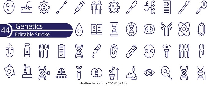 Genetics icon set. Containing DNA, gene, chromosomes, heredity, genome, genetic, biology, GMO and more