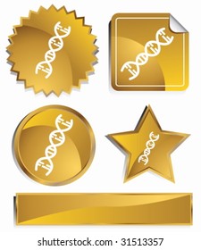 Genetics Icon Set : Gold satin metal buttons in star, starburst, circle and sticker, label shapes.