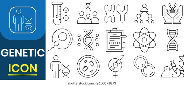 Conjunto de iconos de genética. Describe íconos de la genética de Web como el género, el ADN, el gen, los cromosomas, la herencia, el genoma, la genética, el microscopio, las bacterias, la biología, los OGM y más. Ilustración vectorial.