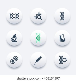 genetics icons, dna chain vector pictogram, genetic modification, dna replication, genetic research, laboratory, round modern icons set, vector illustration