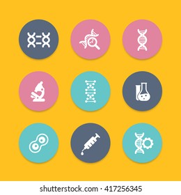 genetics icons, dna chain vector, genetic modification, dna replication, genetic research, laboratory, round flat icons set, vector illustration