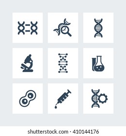 genetics icons, dna modification, genetic research, lab, dna chain vector sign, dna replication, icons on squares, vector illustration