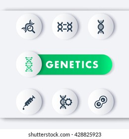 genetics icons set, dna chain vector sign, genetic modification, dna replication, genetic research, laboratory, round modern icons with 