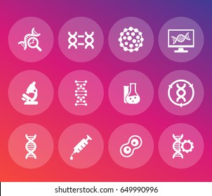 genetics icons set, dna chains, genetic modification and research