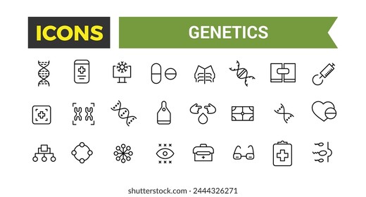 Genetics Icons Set, Set Of Genes, Dna Structure, Chromosomes, Genetic Engineering, Test Tubes, Microscope, Science Lab Vector Icon With Editable Stroke, Vector Illustration