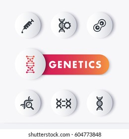 genetics icons set, genetic modification, research, dna chains, vector illustration