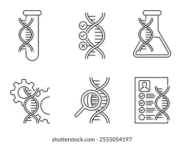 Genetics icons set - research methods, pharmacogenetics, DNA sequencing and genomics technologies. Pictograms collection in thin line